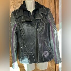Harley-Davidson Black Leather Jacket with Purple Stripe Detailing